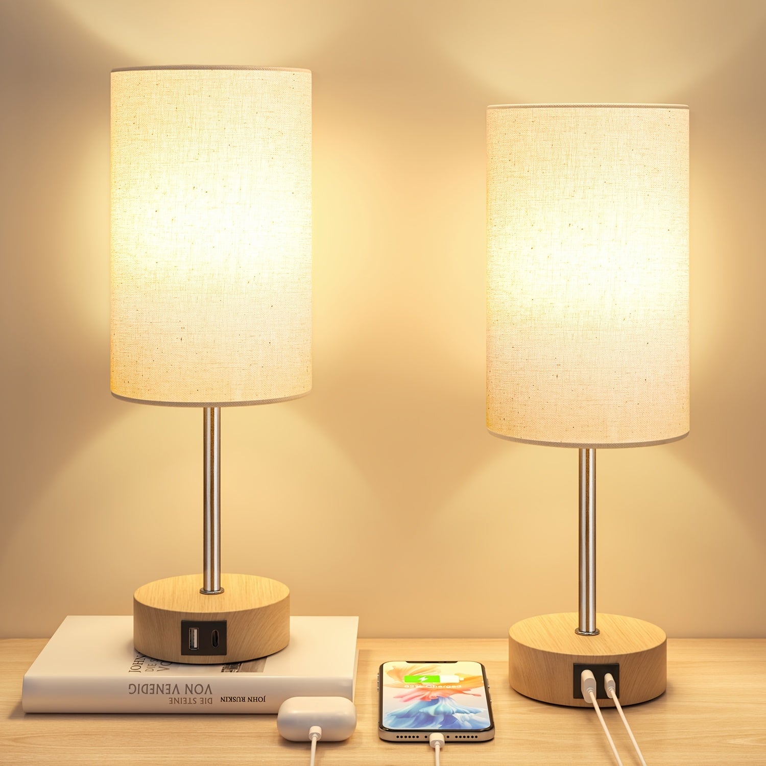 Moktan Sabai 2-Pack Touch Control USB Table Lamps – 3-Way Dimmable LED Bedside Light Set 2 Packs