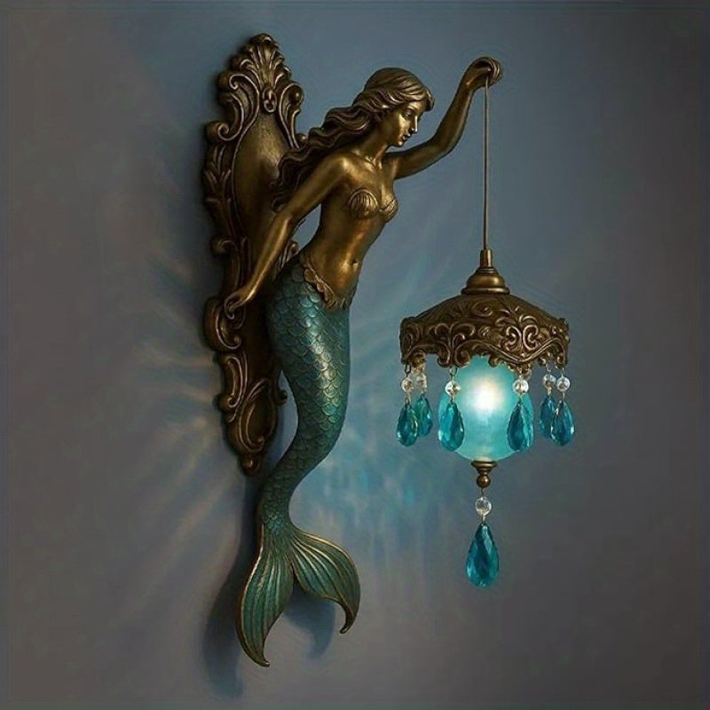 Moktan Sabai Mermaid Wall Sconce – Ocean Theme Crystal Lantern Light for Bedroom & Bathroom 12in