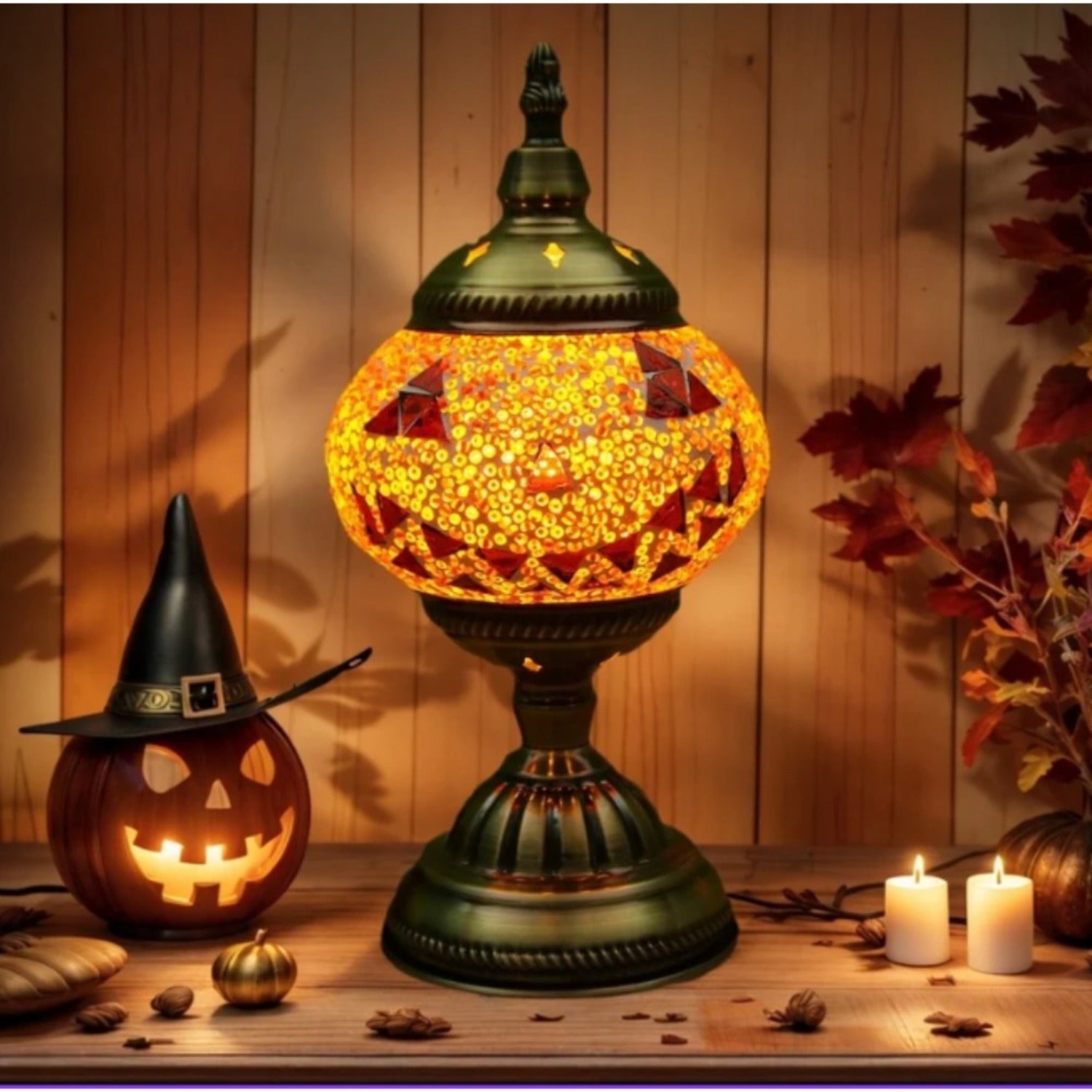 Moktan Sabai Handmade Turkish Mosaic Lamp – Dimmable Glass Pumpkin Night Light for Bedroom NEW-Pumpkin Lamp