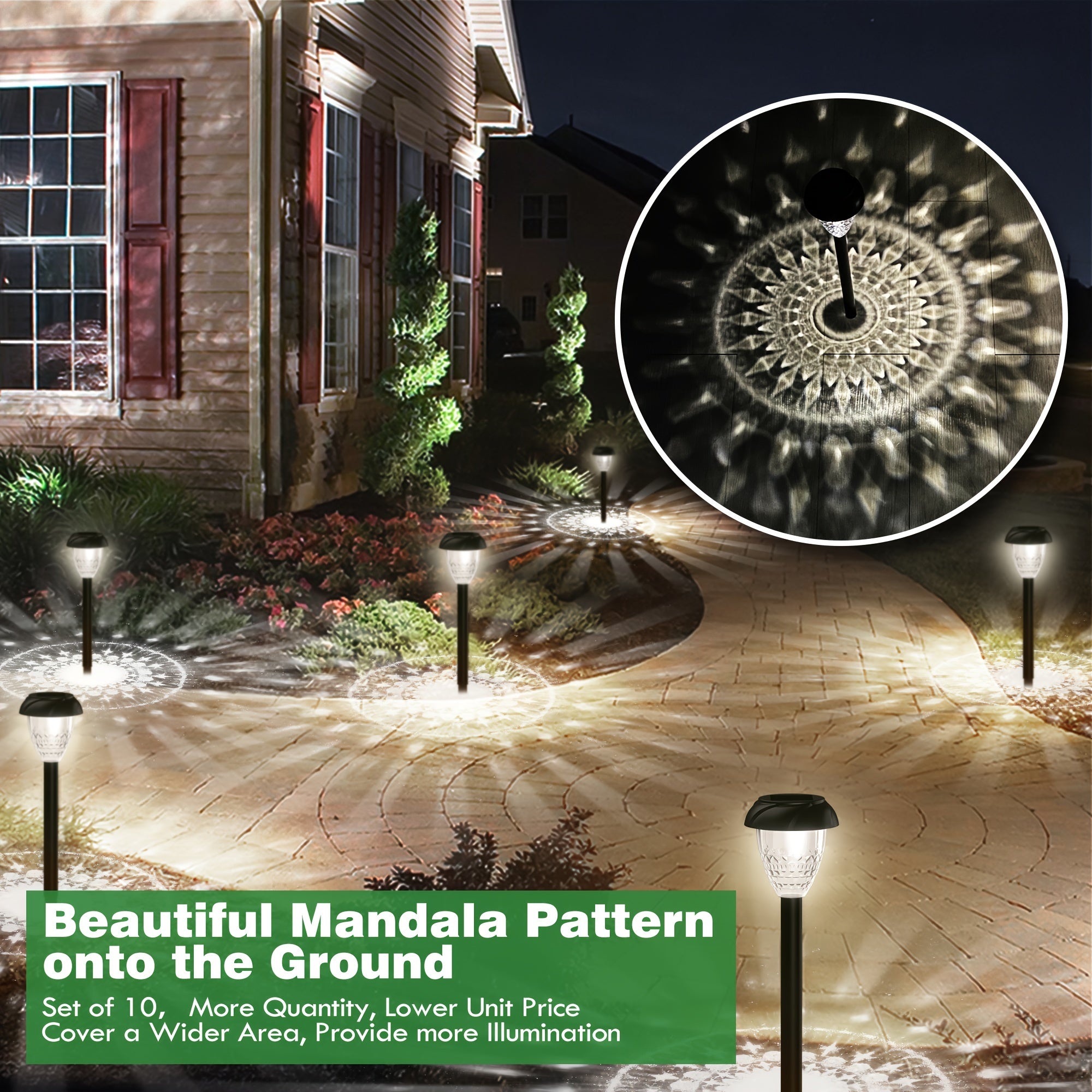 Moktan Sabai 10-Pack Solar Pathway Lights – Bright White LED, Auto On/Off, Mandala Pattern Moktan Sabai