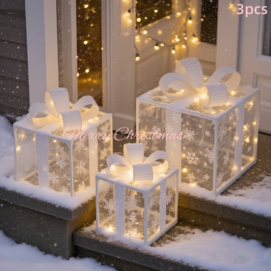 Lighted Christmas Gift Box Set of 3 with LED Lights, Outdoor Indoor Holiday Decor