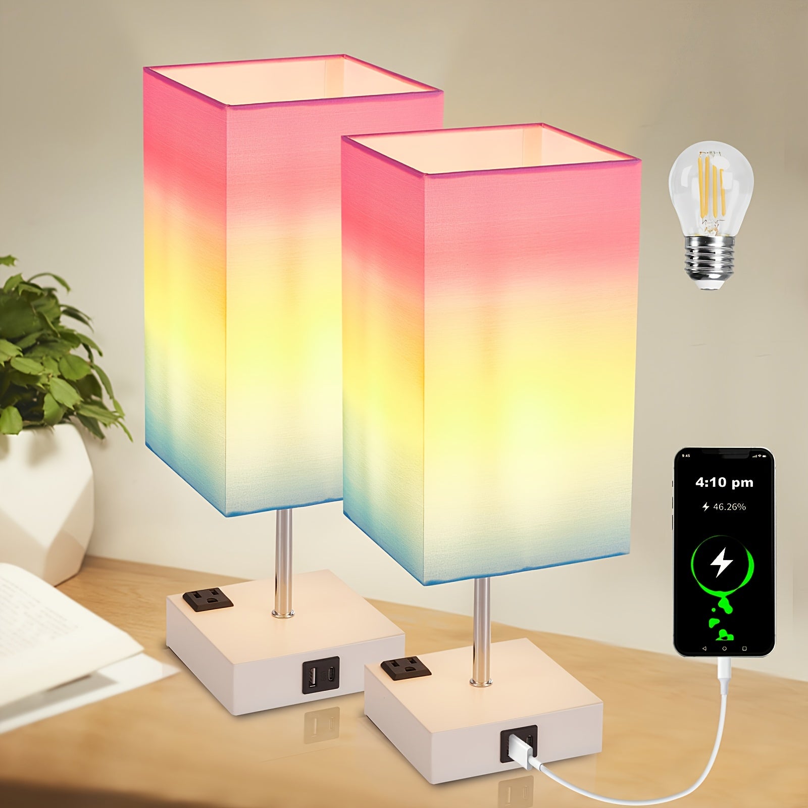 Moktan Sabai LumaTouch | Touch Table Lamp with USB Outlet and Fabric Shade Bedside Decor Multi Color Gradient (2 Packs)