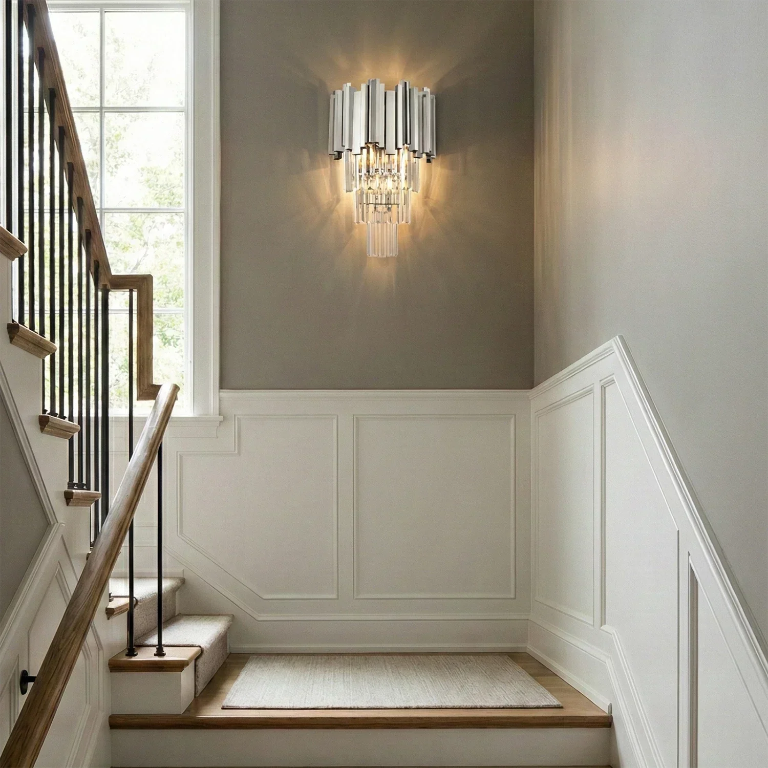 Moktan Sabai Art Deco Crystal Wall Sconce Gold Chrome – Empire Style E12 Dimmable Wall Light ∅ 9.8″ x H 15.7″ Chrome + Transparent