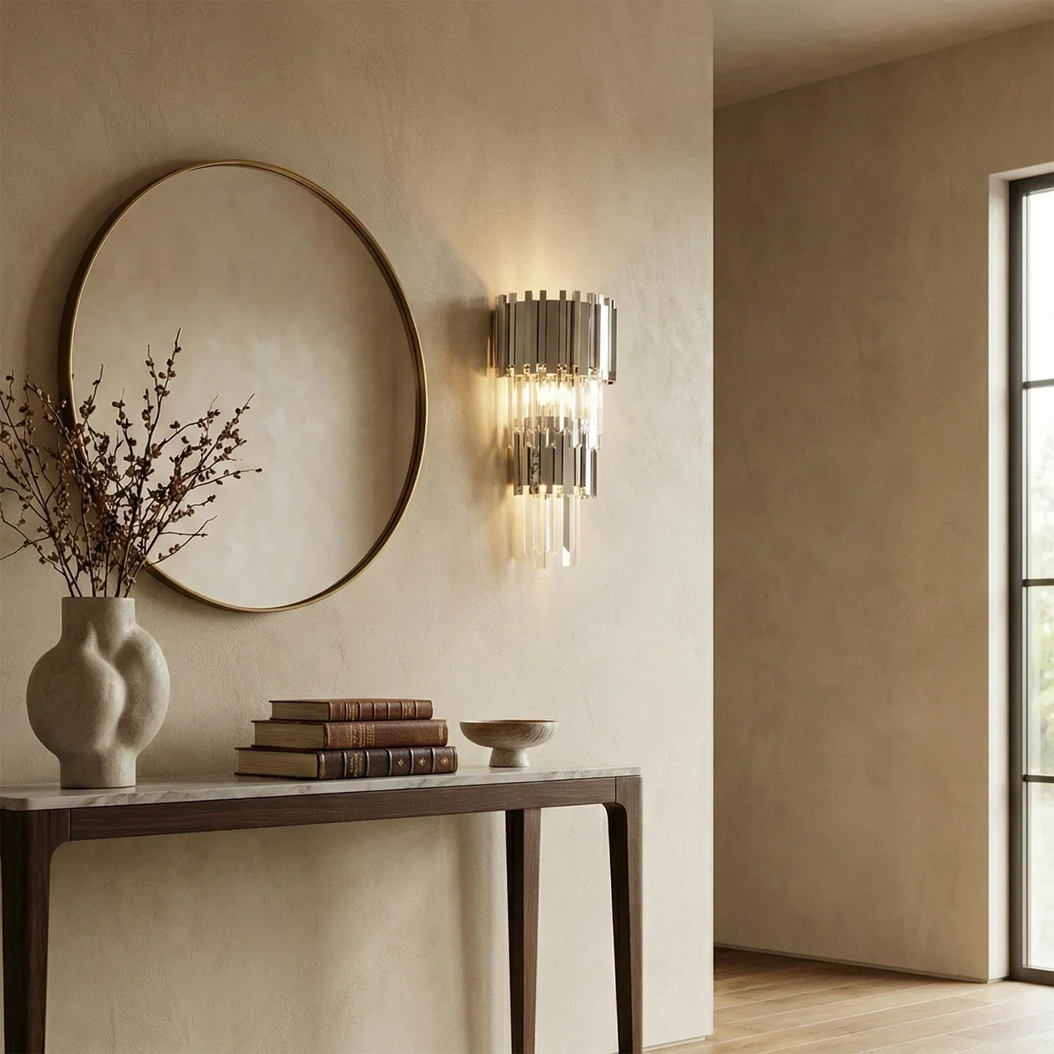 Moktan Sabai Art Deco Crystal Wall Sconce Gold Chrome – Empire Style E12 Dimmable Wall Light