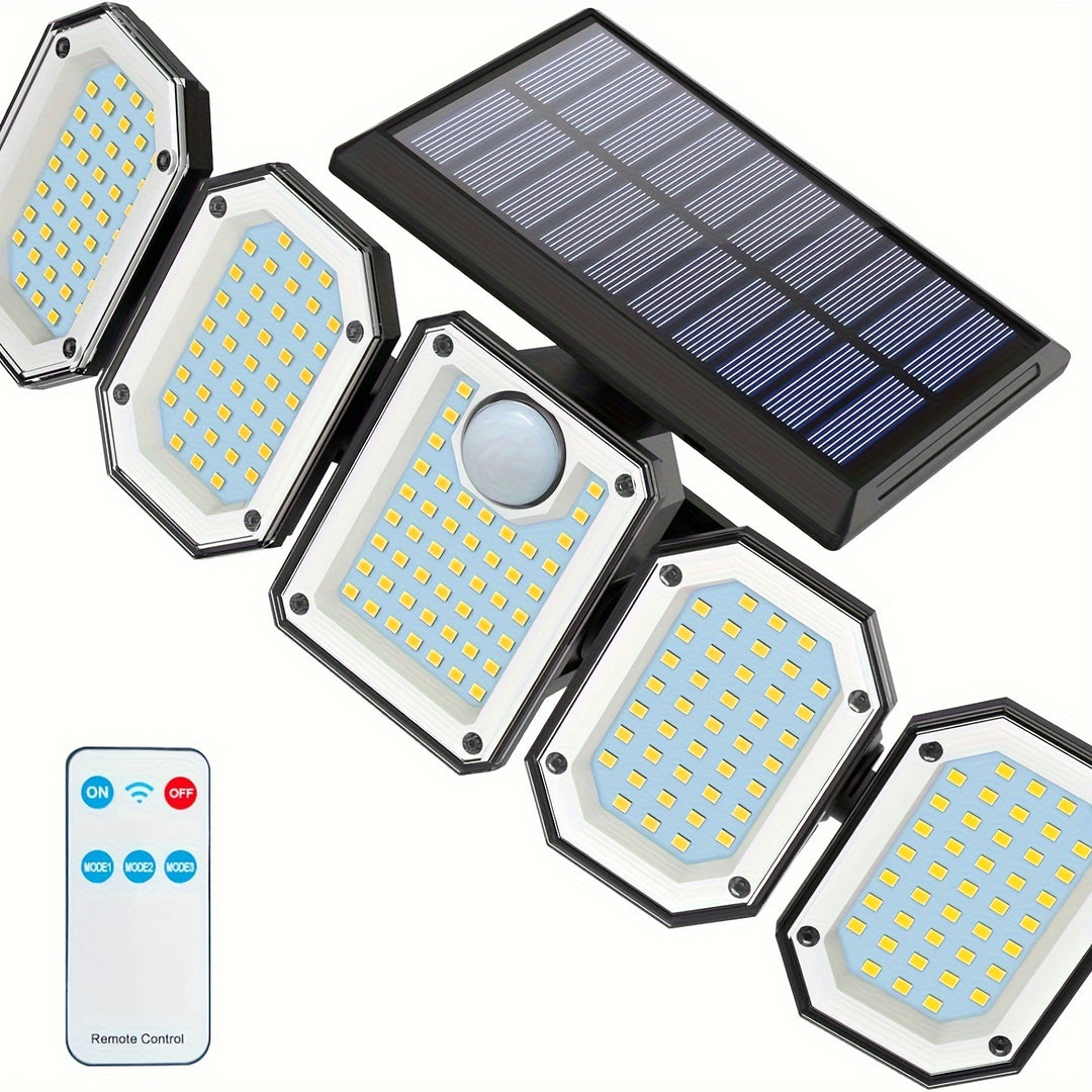 Moktan Sabai Solar Motion Sensor Flood Light – 300 LED, 5-Head, 7000K, Remote, Outdoor Use 1pc