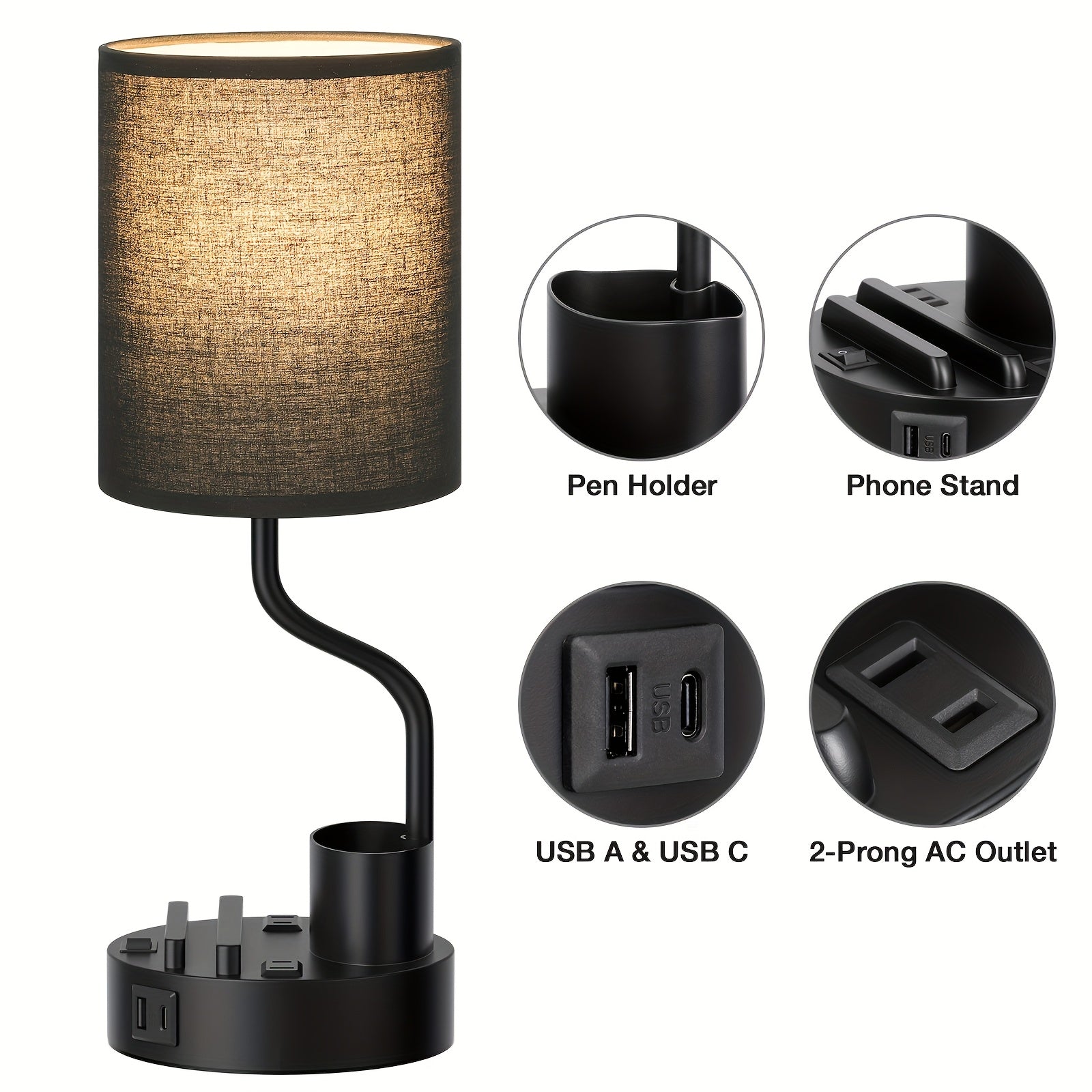 Moktan Sabai Set of 2 Bedside Lamps – USB-C+USB-A & Outlet, 3-Color Modern Nightstand Lights