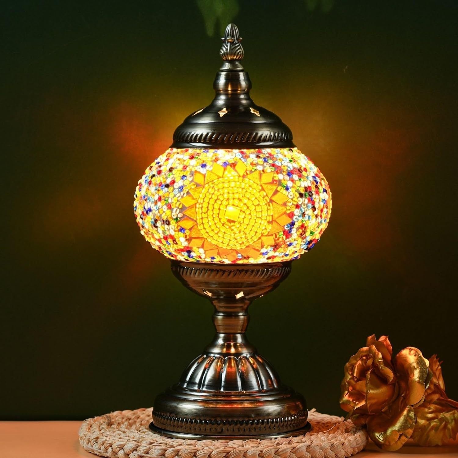 Moktan Sabai Handmade Turkish Mosaic Lamp – Dimmable Glass Pumpkin Night Light for Bedroom Sunflower-Orange
