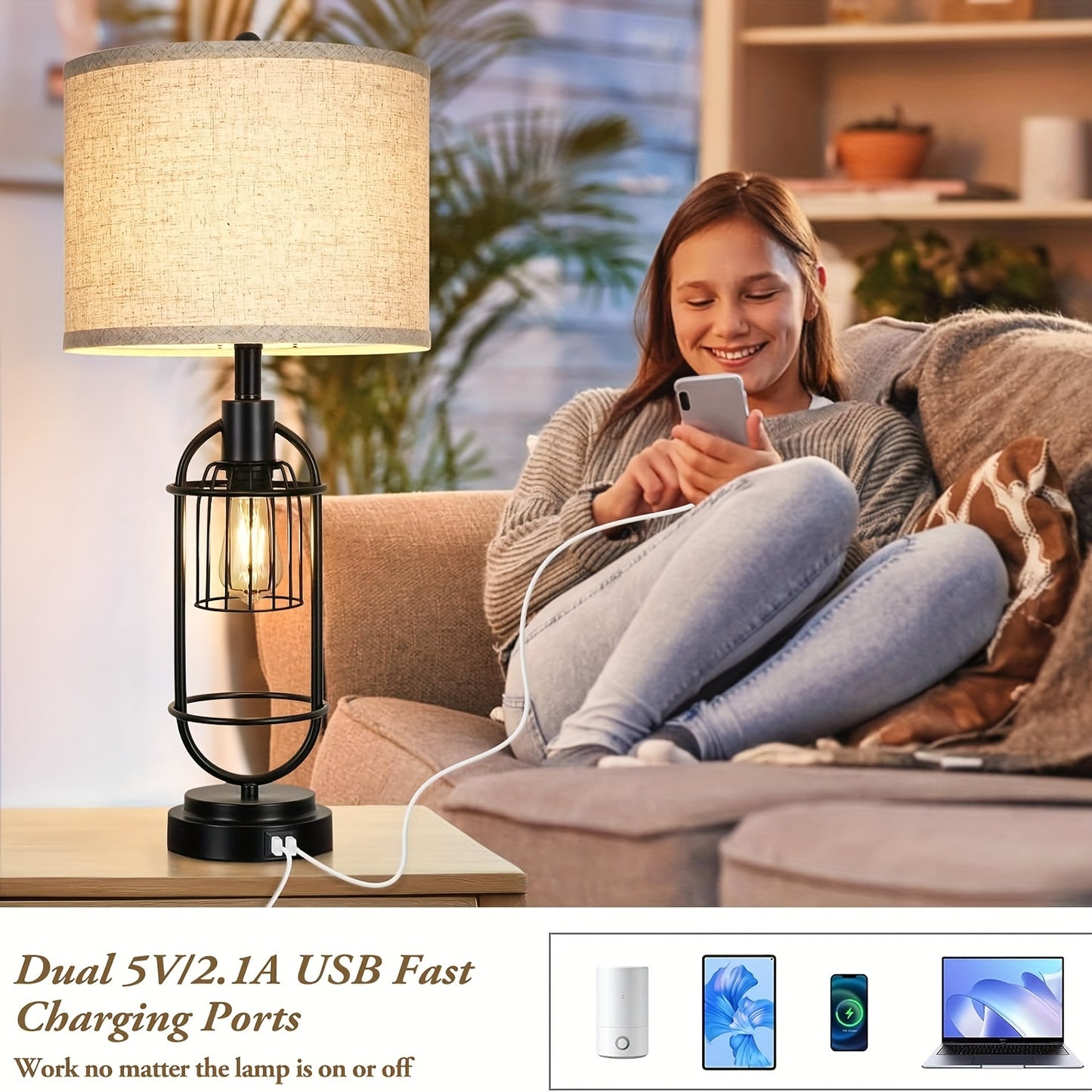 Farmhouse Table Lamps Set of 2, 29" Tall, USB, 2-Light Bedside Lamps, E26