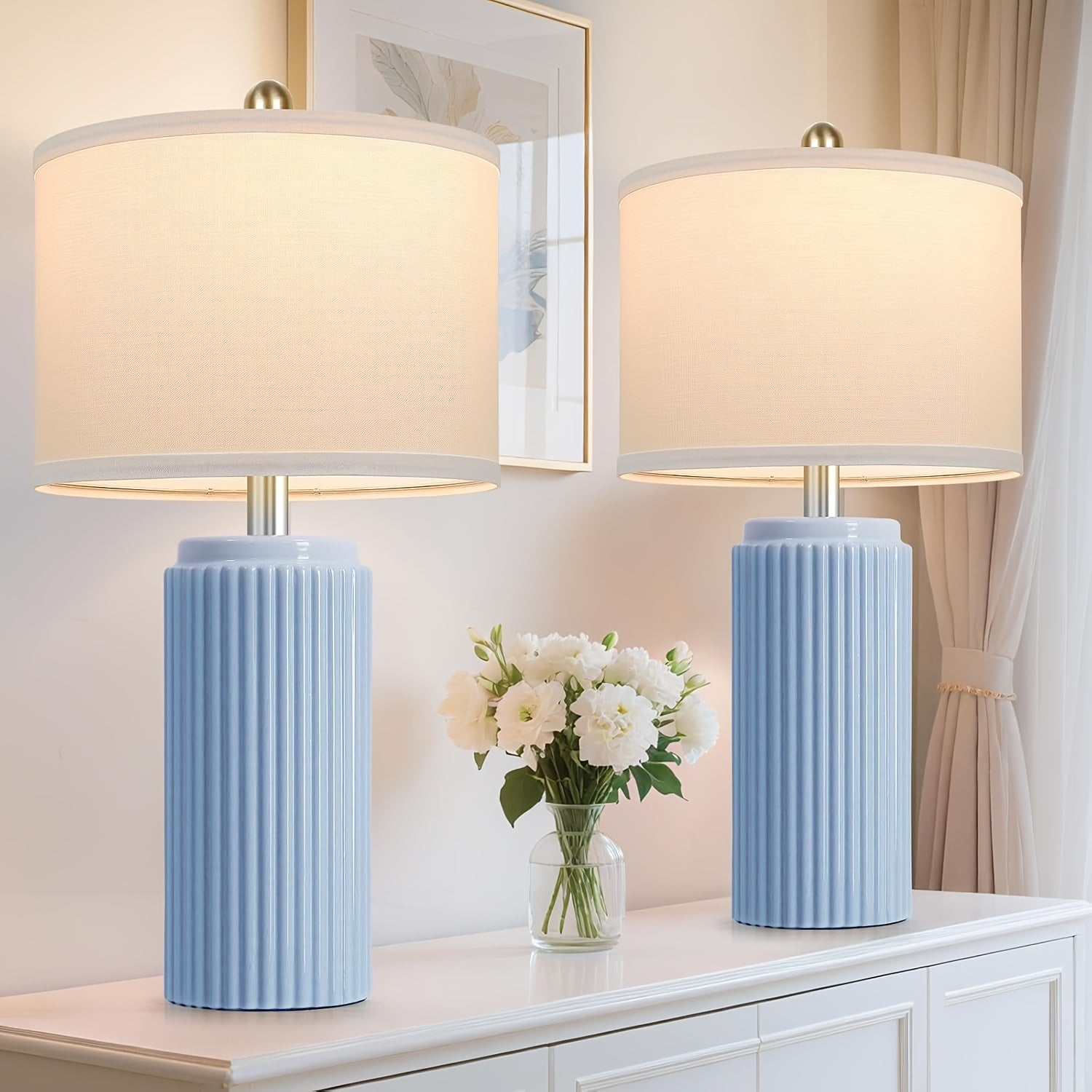 Moktan Sabai Farmhouse Table Lamps Set of 2 – Ceramic Base Bedside Lamps for Bedroom & Living Sky Blue