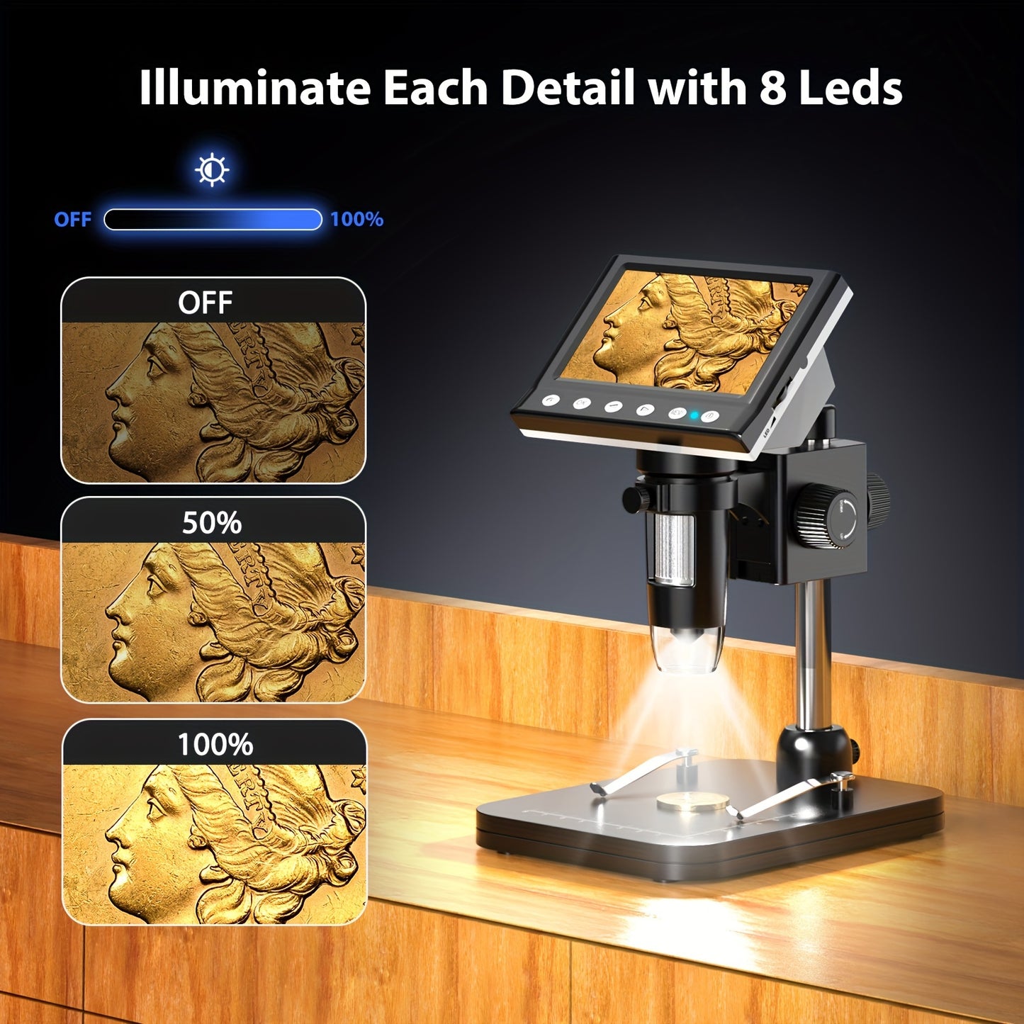 4.3" LCD Digital Microscope 1000X with Screen, USB, LED, for Coins & Windows PC