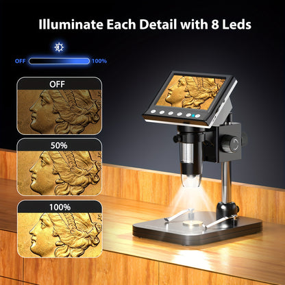 4.3" LCD Digital Microscope 1000X with Screen, USB, LED, for Coins & Windows PC