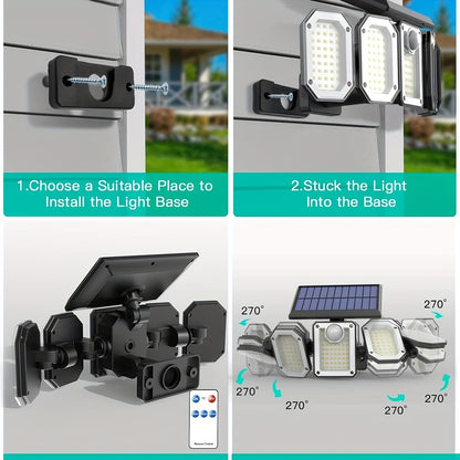 Solar Motion Sensor Flood Light – 300 LED, 5-Head, 7000K, Remote, Outdoor Use