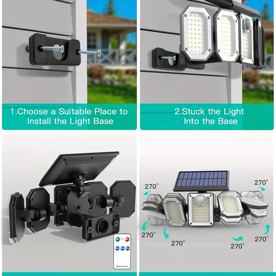 Moktan Sabai Solar Motion Sensor Flood Light – 300 LED, 5-Head, 7000K, Remote, Outdoor Use
