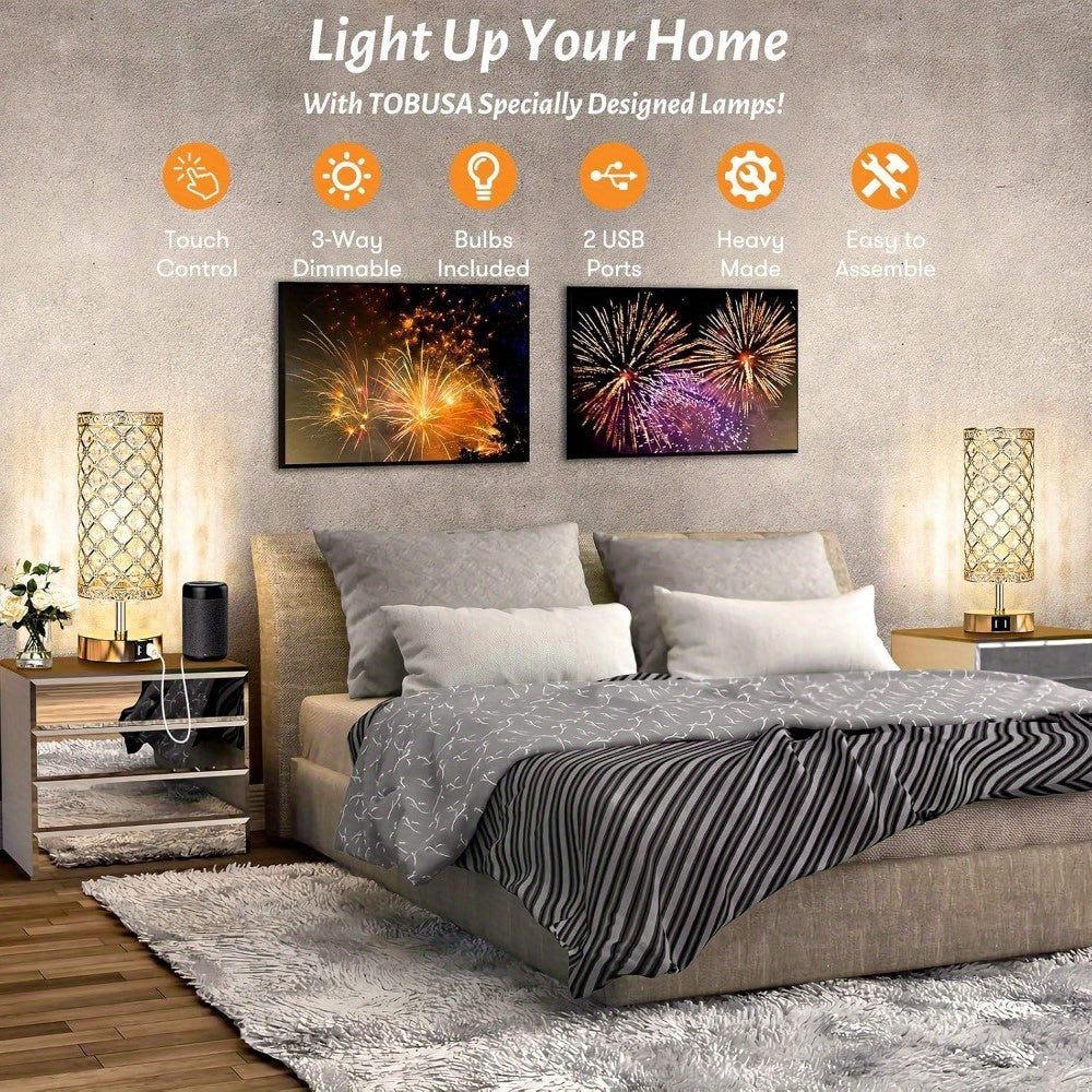 Moktan Sabai Set of 2 Crystal Table Lamps – Touch Control USB Bedside Lights, 3-Way Dimmable
