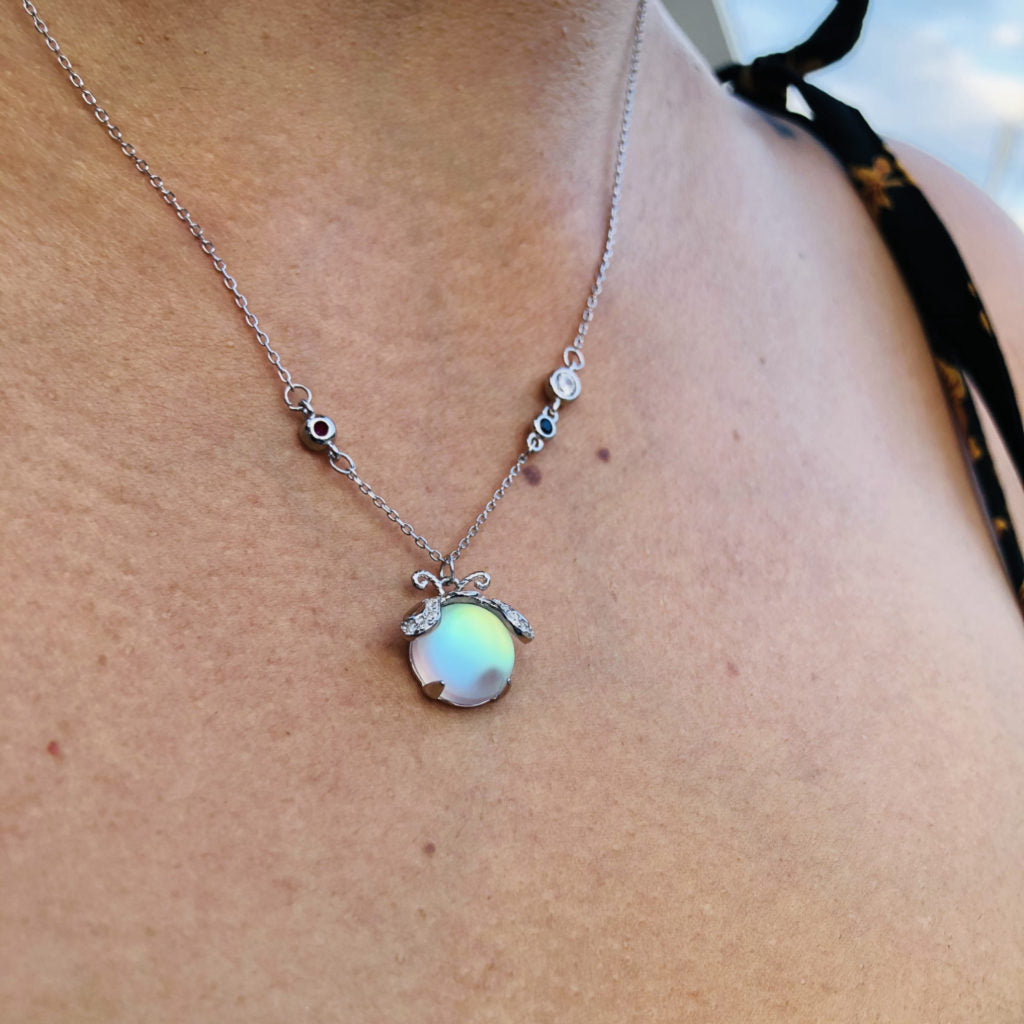 Moktan Sabai Moonstone Firefly Pendant Necklace Sterling Silver Handmade Gemstone Necklace