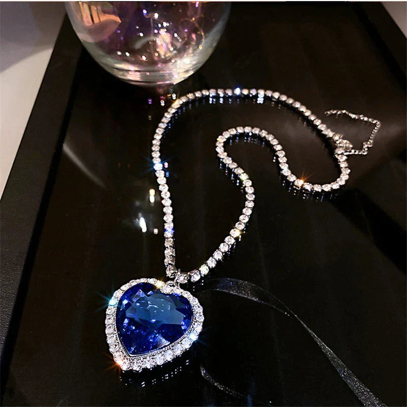Moktan Sabai Blue Heart Crystal Necklace S925 Silver Zirconia Pendant 57cm Chain
