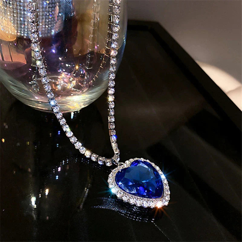 Moktan Sabai Blue Heart Crystal Necklace S925 Silver Zirconia Pendant 57cm Chain