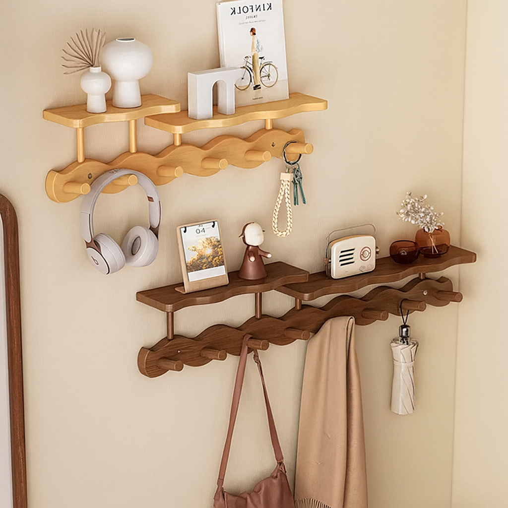 Moktan Sabai Bamboo Wall Coat Rack | Entryway Shelf & Hook Organizer