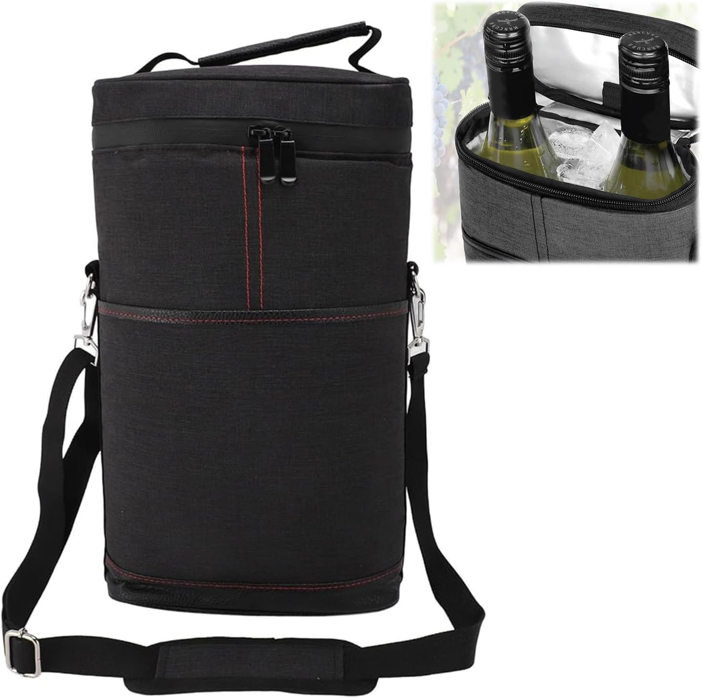 Moktan Sabai Insulated 2 Bottle Wine Cooler Bag Leakproof Canvas Carrier with Strap Black