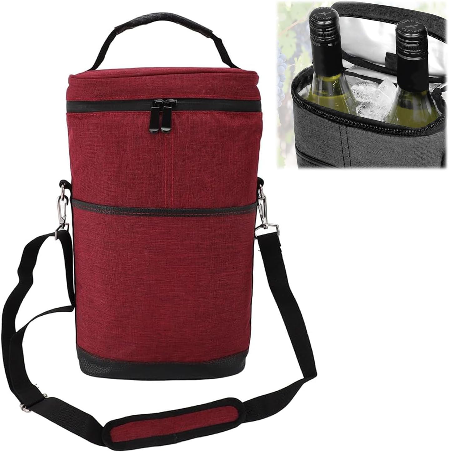 Moktan Sabai Insulated 2 Bottle Wine Cooler Bag Leakproof Canvas Carrier with Strap Red