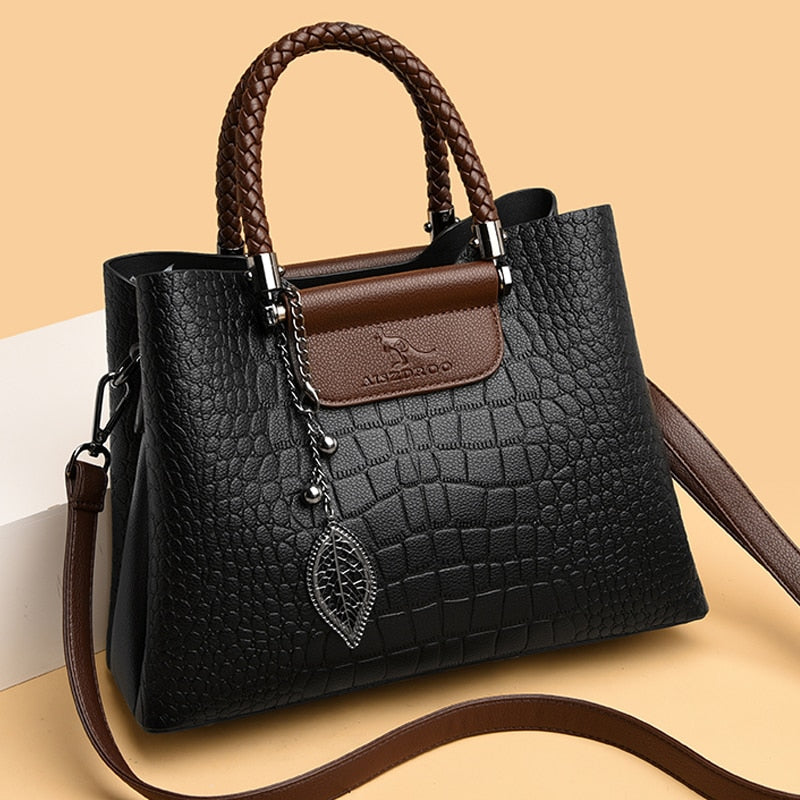 Moktan Sabai Amara Genuine Leather Handbag for Women 3 Compartment Shoulder Bag Black