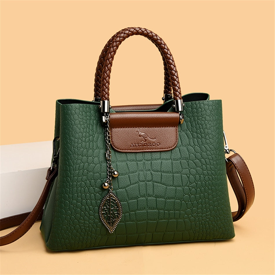 Moktan Sabai Amara Genuine Leather Handbag for Women 3 Compartment Shoulder Bag Green
