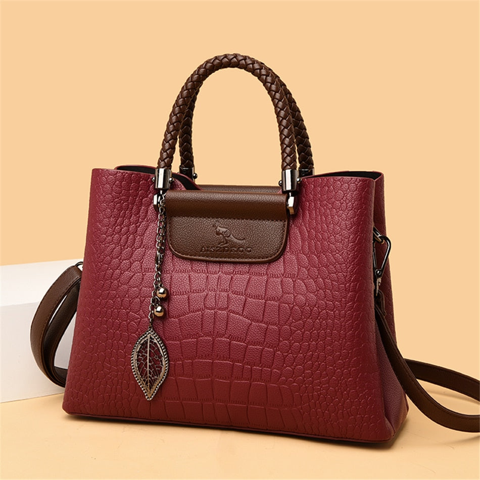 Moktan Sabai Amara Genuine Leather Handbag for Women 3 Compartment Shoulder Bag Red