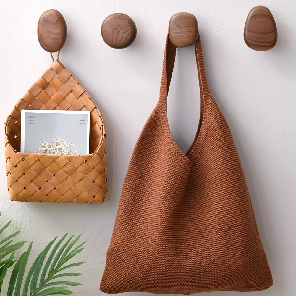 Moktan Sabai Minimalist Wooden Pebble Wall Hooks Set of 4 Walnut-Wood