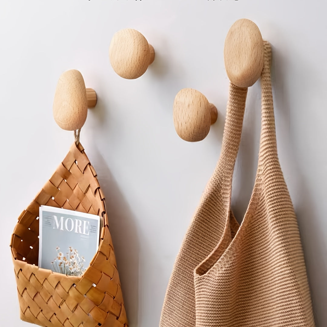 Moktan Sabai Minimalist Wooden Pebble Wall Hooks Set of 4 Beech-Wood
