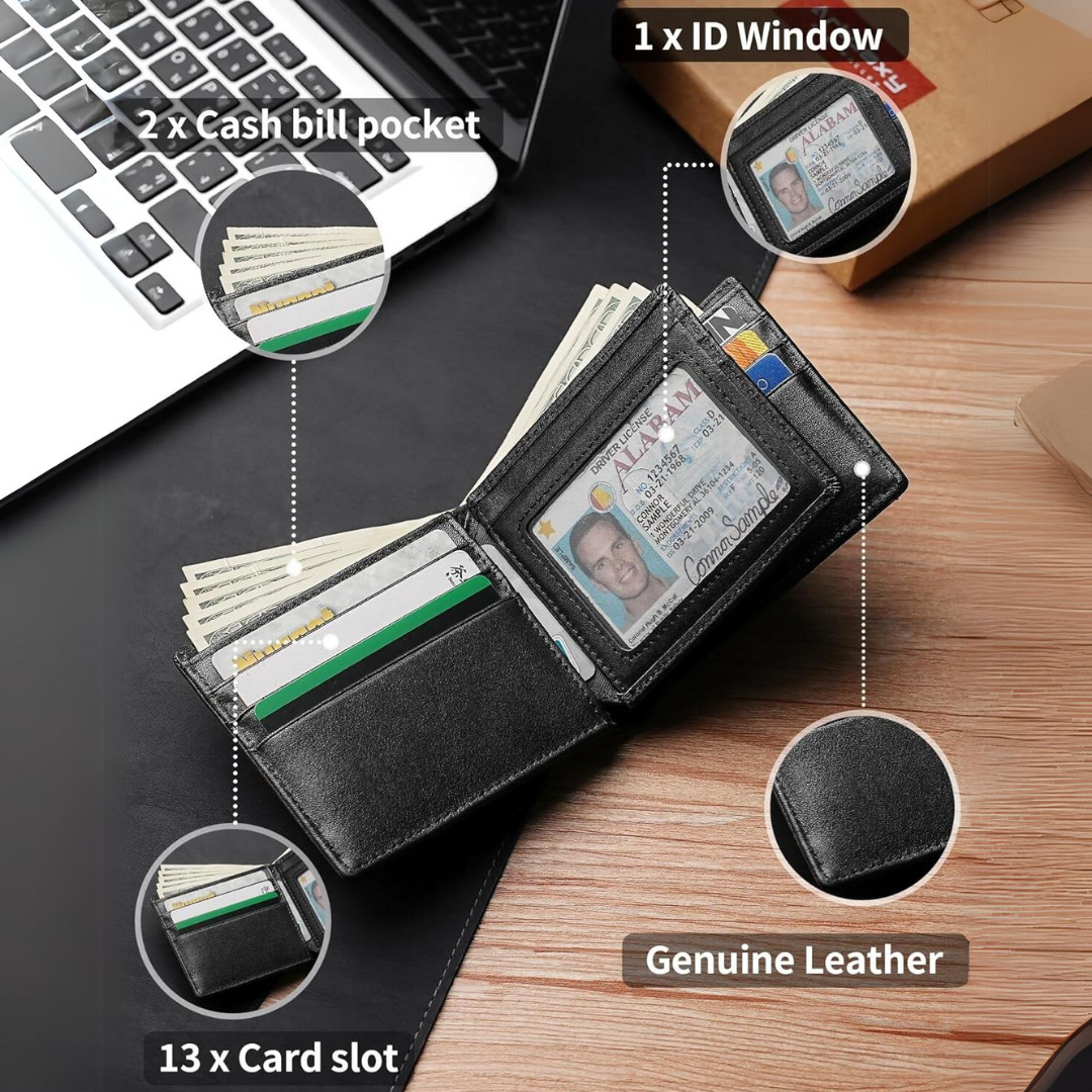 Moktan Sabai Men’s Genuine Leather RFID Blocking Bifold Wallet 13 Card Slots