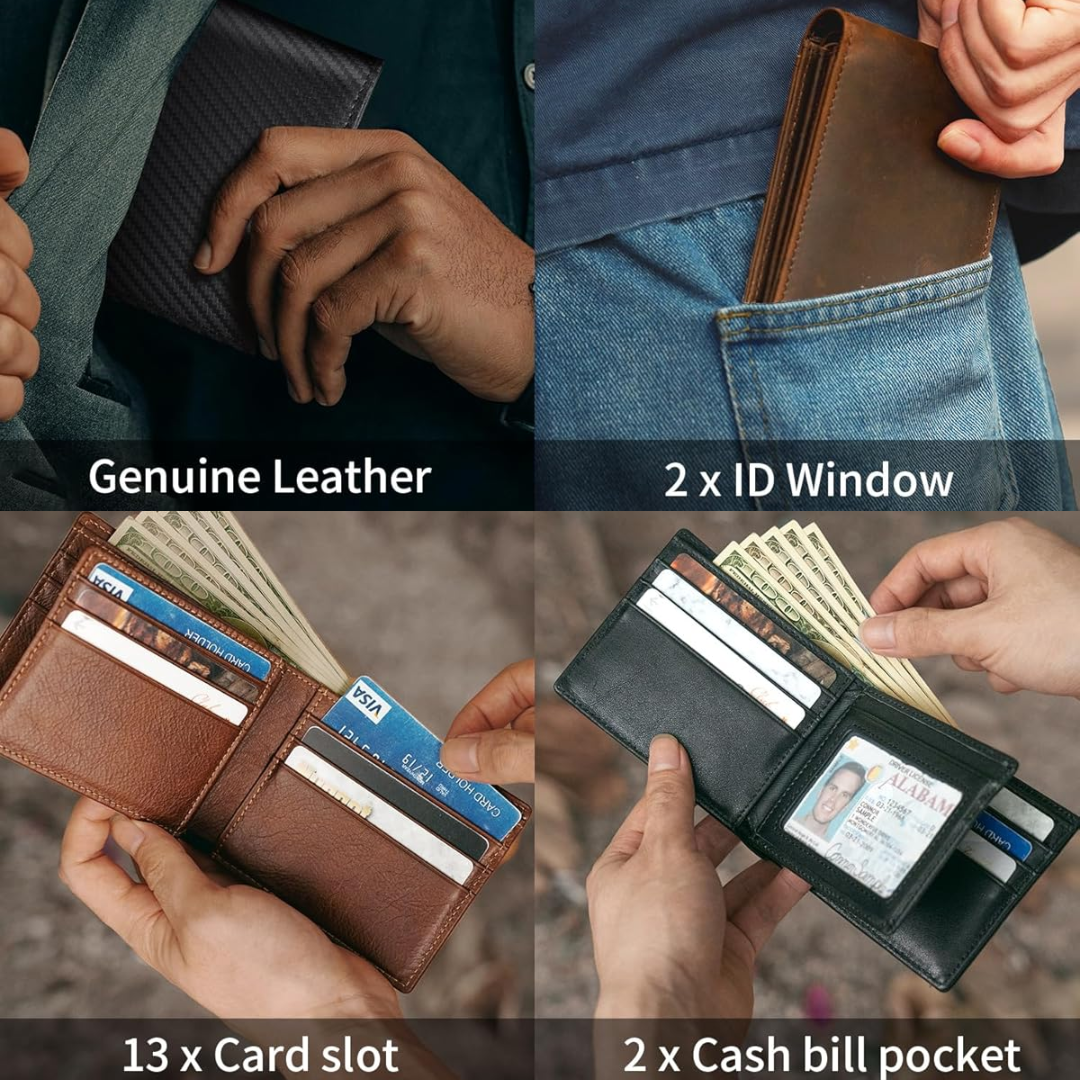 Moktan Sabai Men’s Genuine Leather RFID Blocking Bifold Wallet 13 Card Slots