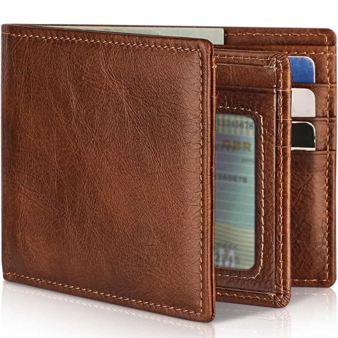 Moktan Sabai Men’s Genuine Leather RFID Blocking Bifold Wallet 13 Card Slots Brown