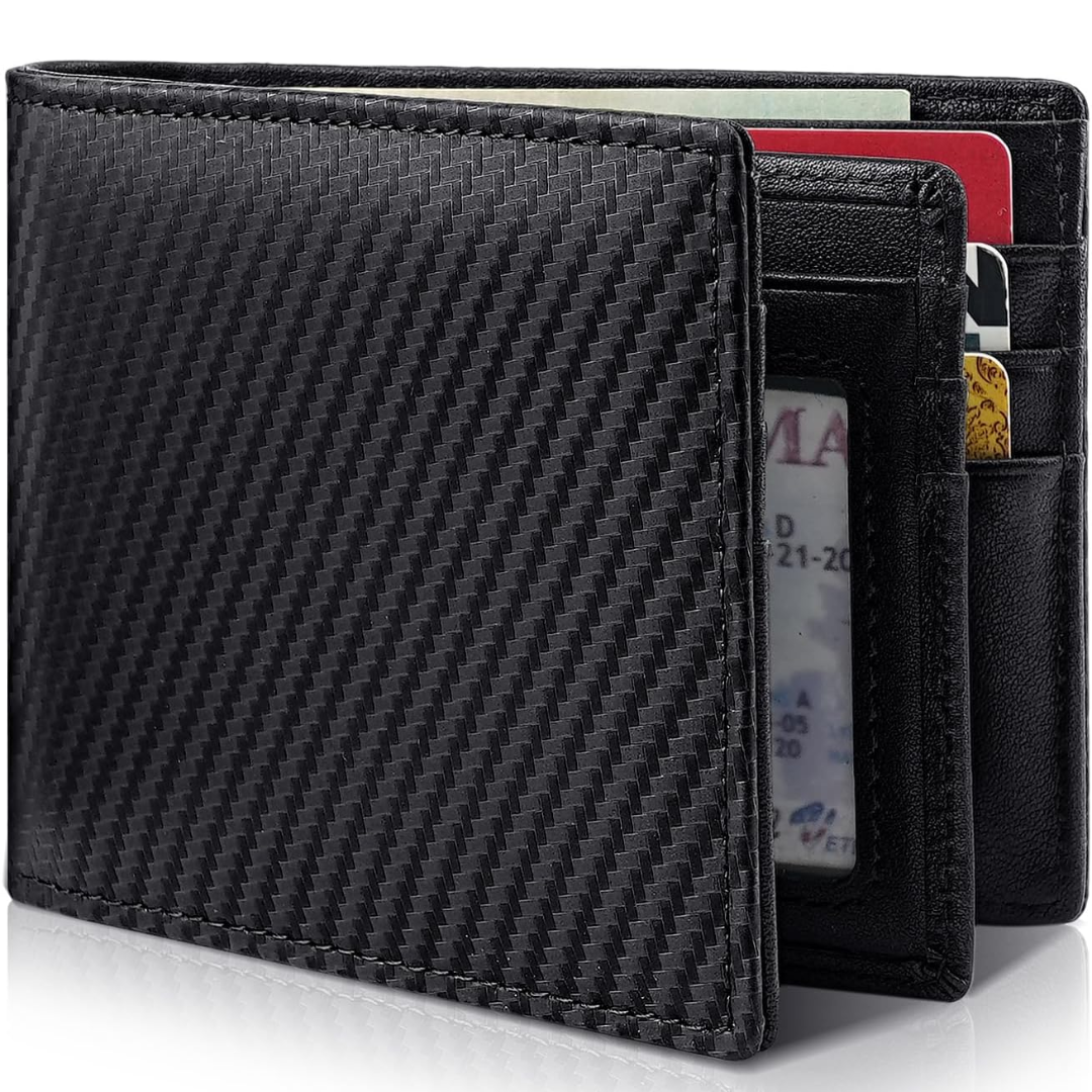 Moktan Sabai Men’s Genuine Leather RFID Blocking Bifold Wallet 13 Card Slots Carbon black