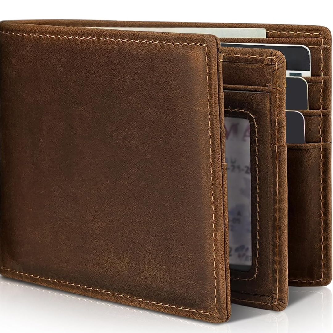 Moktan Sabai Men’s Genuine Leather RFID Blocking Bifold Wallet 13 Card Slots Coffee brown