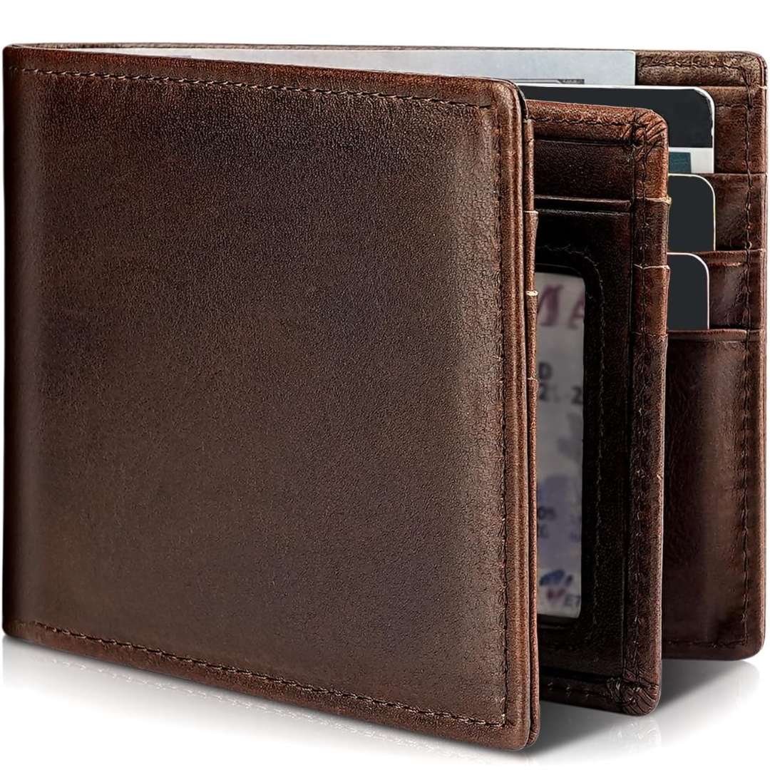 Moktan Sabai Men’s Genuine Leather RFID Blocking Bifold Wallet 13 Card Slots Dark brown