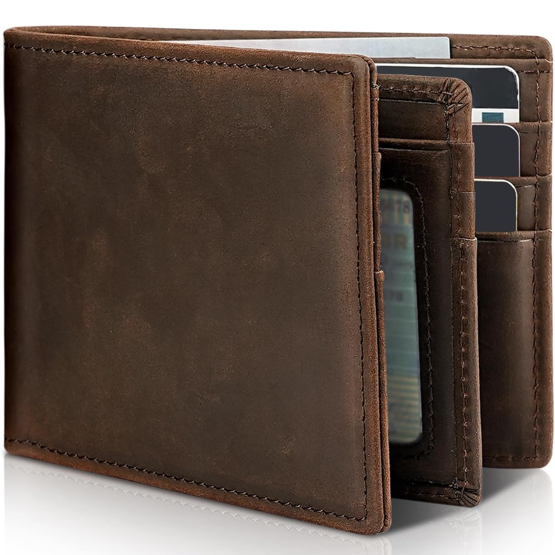 Moktan Sabai Men’s Genuine Leather RFID Blocking Bifold Wallet 13 Card Slots Dark Coffee Brown