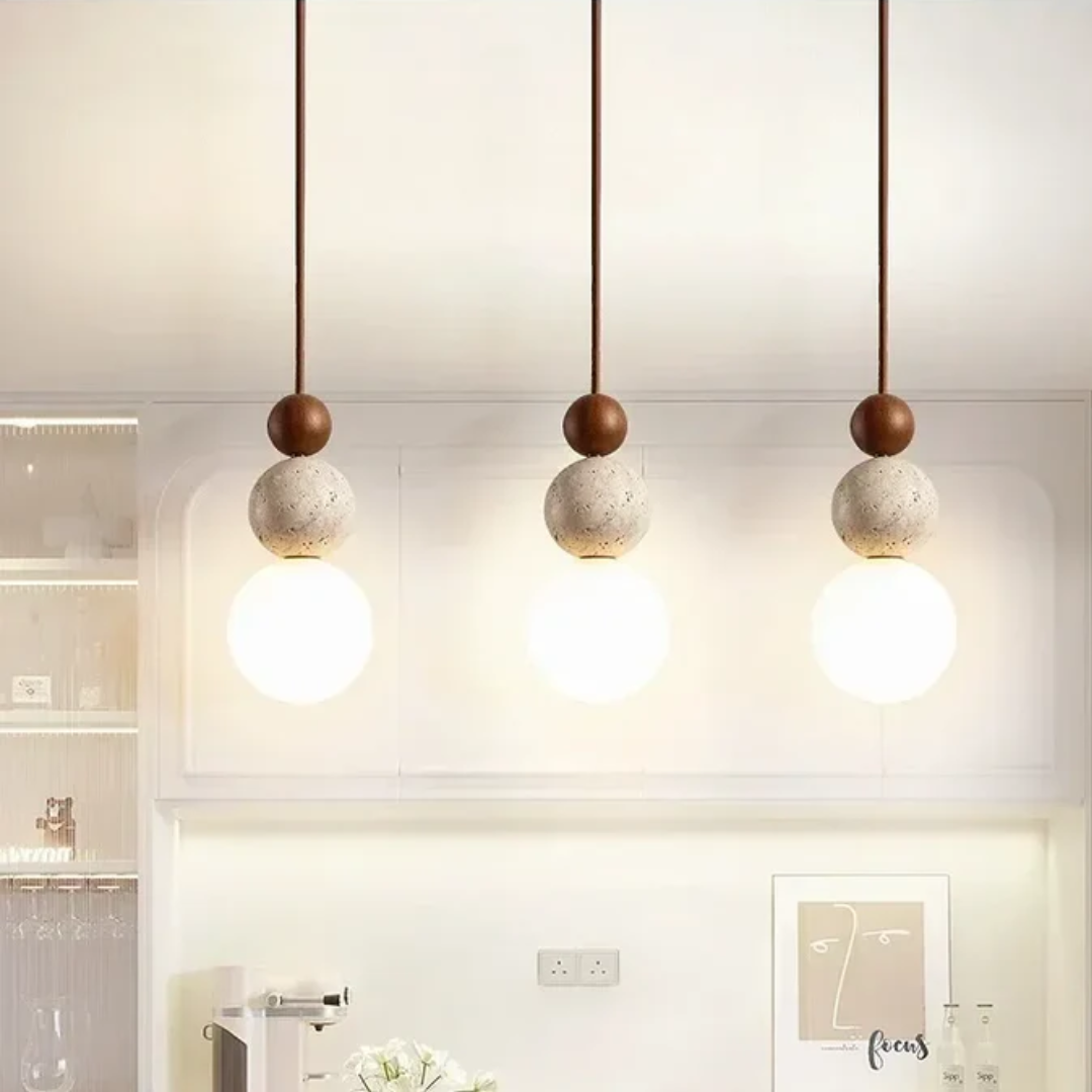 Moktan Sabai Travertine Wood Pendant Light G9 Modern Natural Ceiling Lamp 23cm