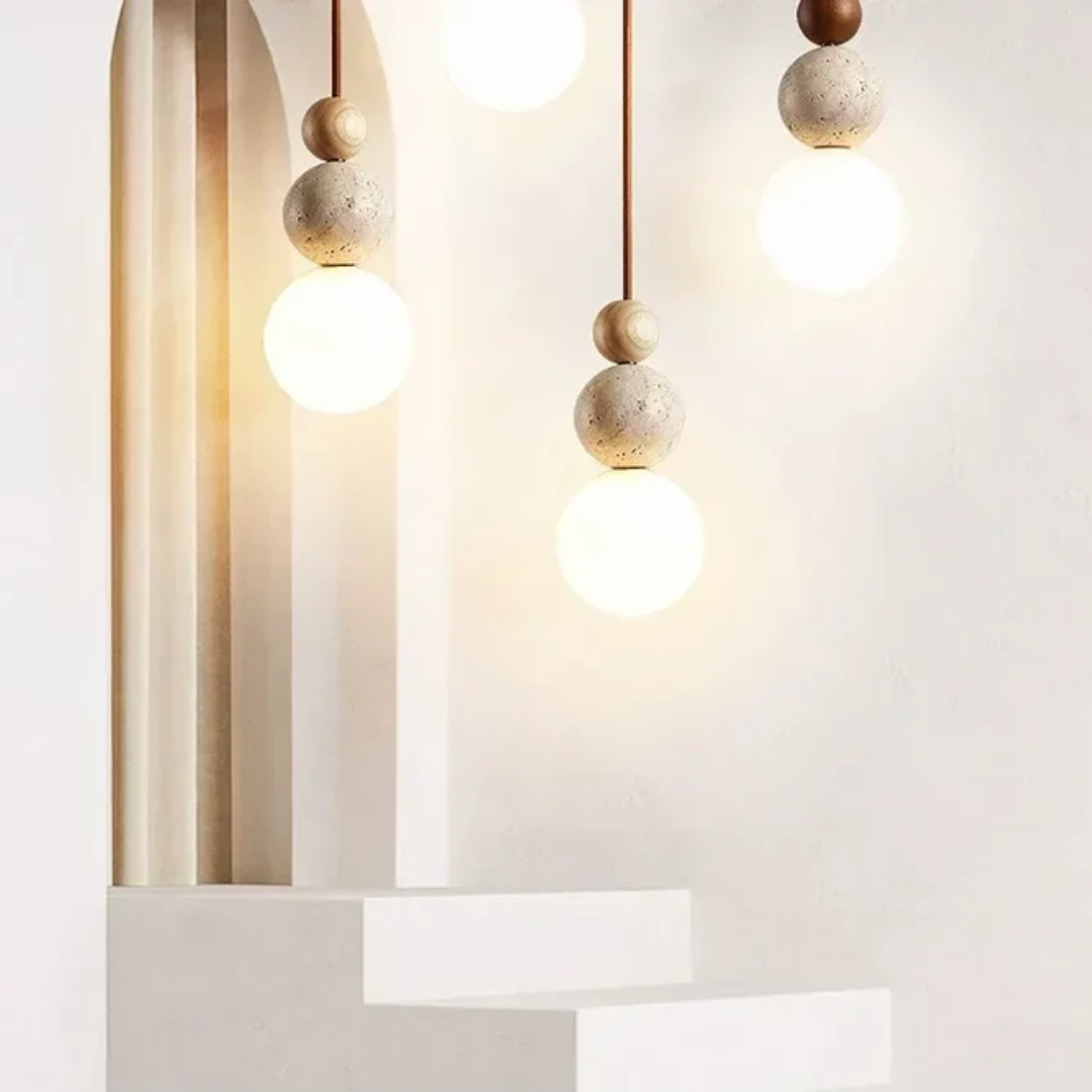 Moktan Sabai Travertine Wood Pendant Light G9 Modern Natural Ceiling Lamp 23cm