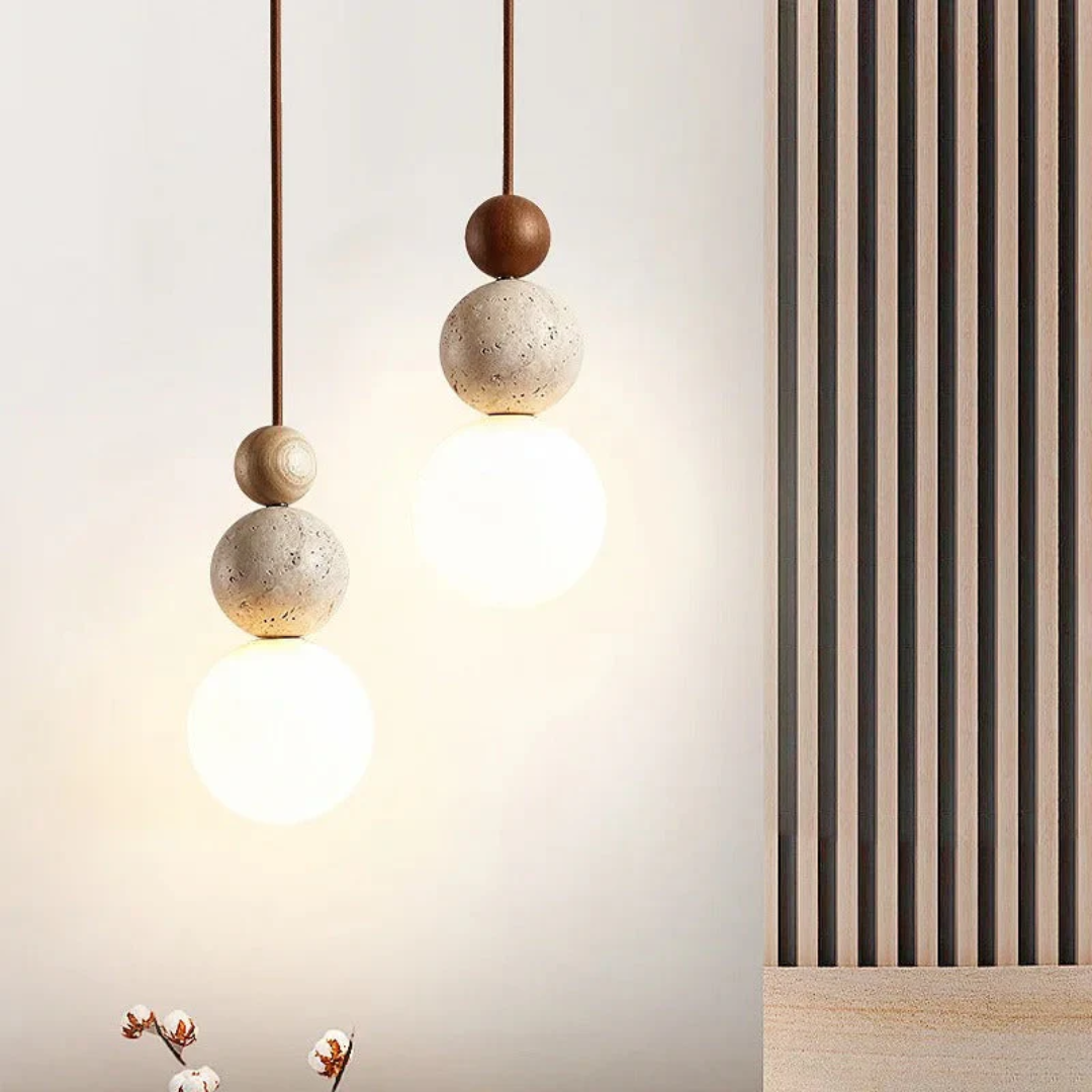 Moktan Sabai Travertine Wood Pendant Light G9 Modern Natural Ceiling Lamp 23cm