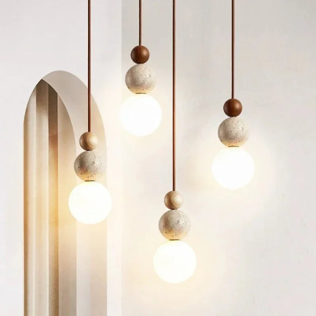 Moktan Sabai Travertine Wood Pendant Light G9 Modern Natural Ceiling Lamp 23cm