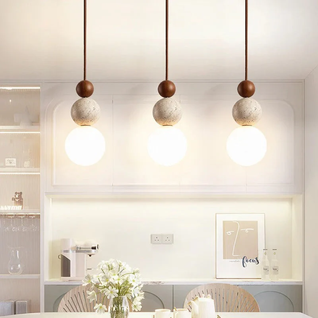 Moktan Sabai Travertine Wood Pendant Light G9 Modern Natural Ceiling Lamp 23cm