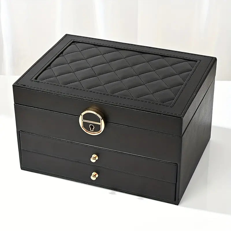 Moktan Sabai 3 Layer Leather Jewelry Box Organizer Case with Compartments 23x17cm Black