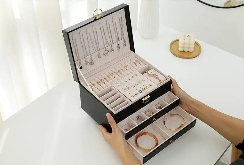 Moktan Sabai 3 Layer Leather Jewelry Box Organizer Case with Compartments 23x17cm