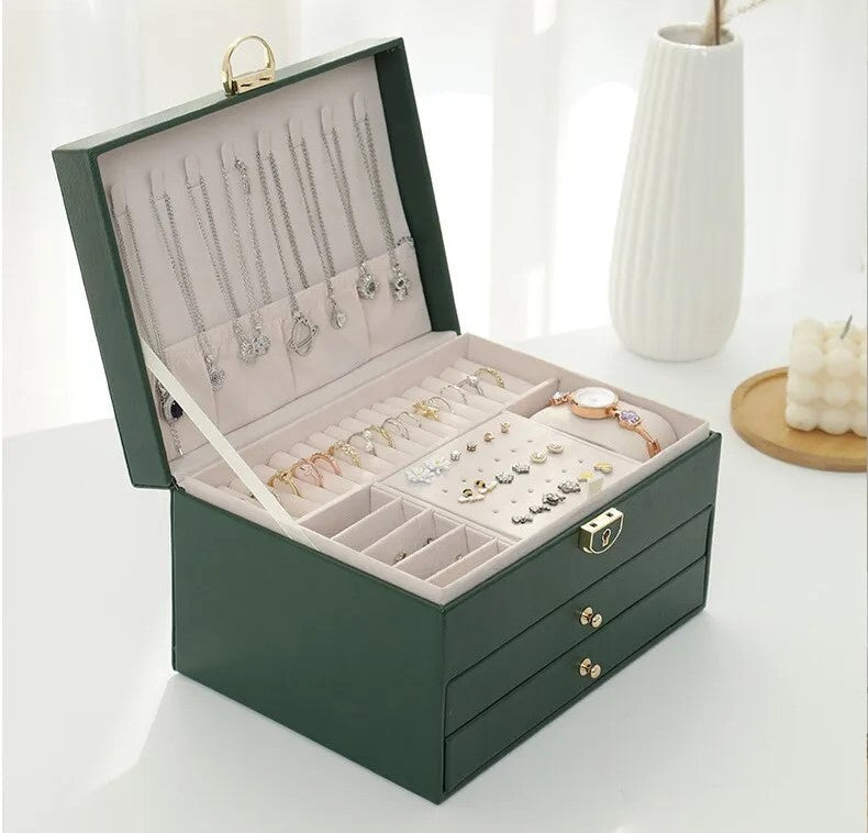 Moktan Sabai 3 Layer Leather Jewelry Box Organizer Case with Compartments 23x17cm
