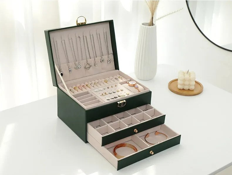 Moktan Sabai 3 Layer Leather Jewelry Box Organizer Case with Compartments 23x17cm