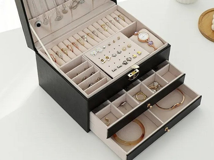 Moktan Sabai 3 Layer Leather Jewelry Box Organizer Case with Compartments 23x17cm