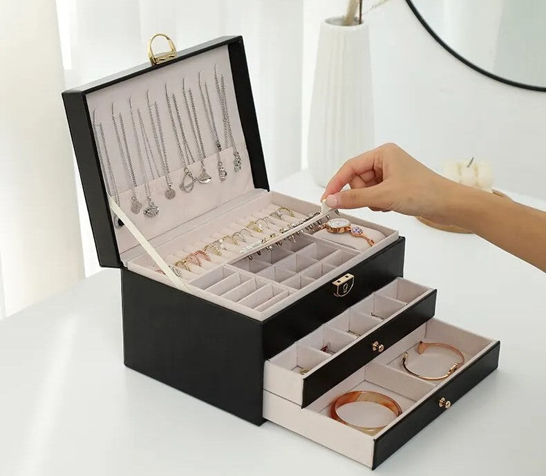 Moktan Sabai 3 Layer Leather Jewelry Box Organizer Case with Compartments 23x17cm