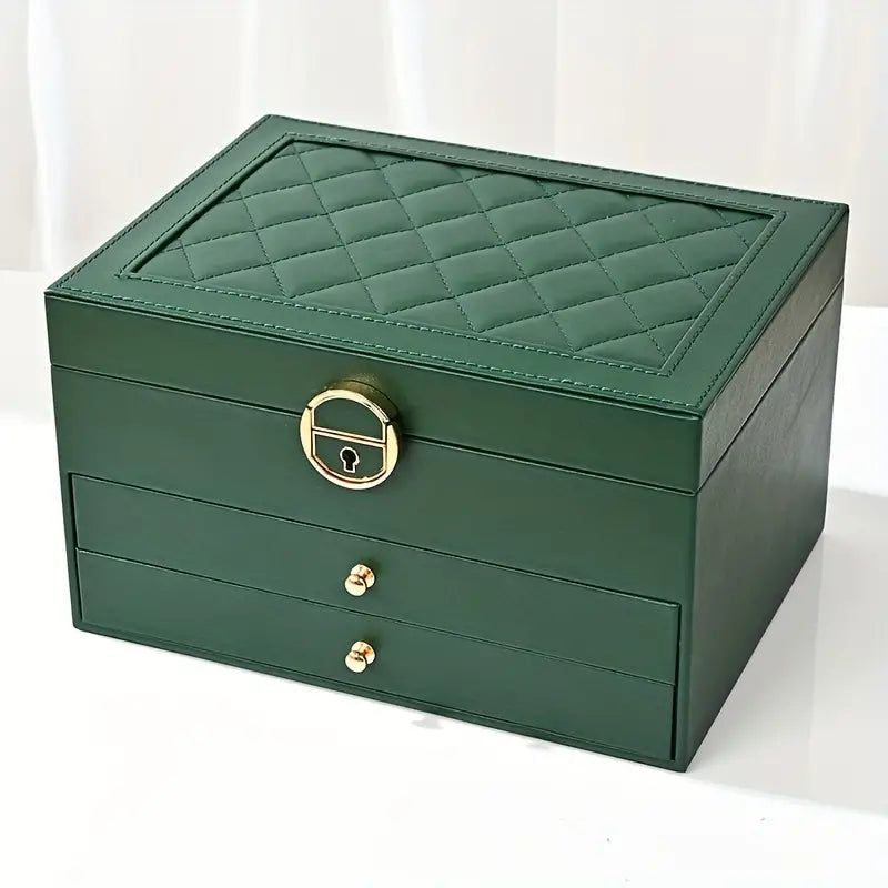 Moktan Sabai 3 Layer Leather Jewelry Box Organizer Case with Compartments 23x17cm Green