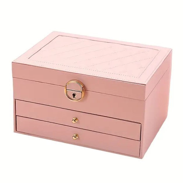 Moktan Sabai 3 Layer Leather Jewelry Box Organizer Case with Compartments 23x17cm Pink