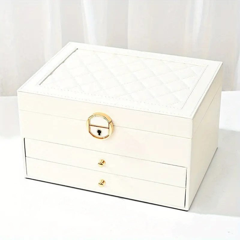 Moktan Sabai 3 Layer Leather Jewelry Box Organizer Case with Compartments 23x17cm White